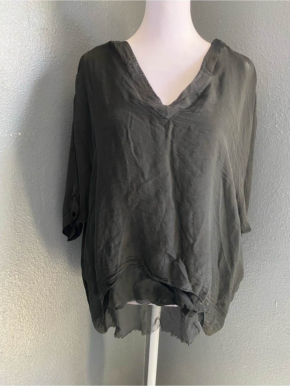 Italian Silk Black Sheer Blouse 3/4 Sleeves V-Neck Layered Raw Hem Witchy Whimsi